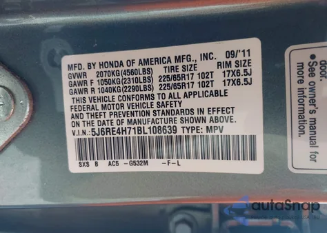 2011 Honda Cr-V Ex-L from USA, damaged, VIN 5J6RE4H71BL108639